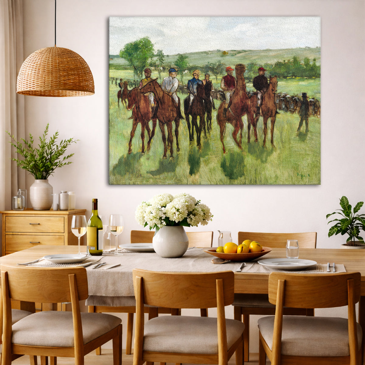 Edgar Degas - Race Horses Giclée canvas wall art displayed in a dining room interior