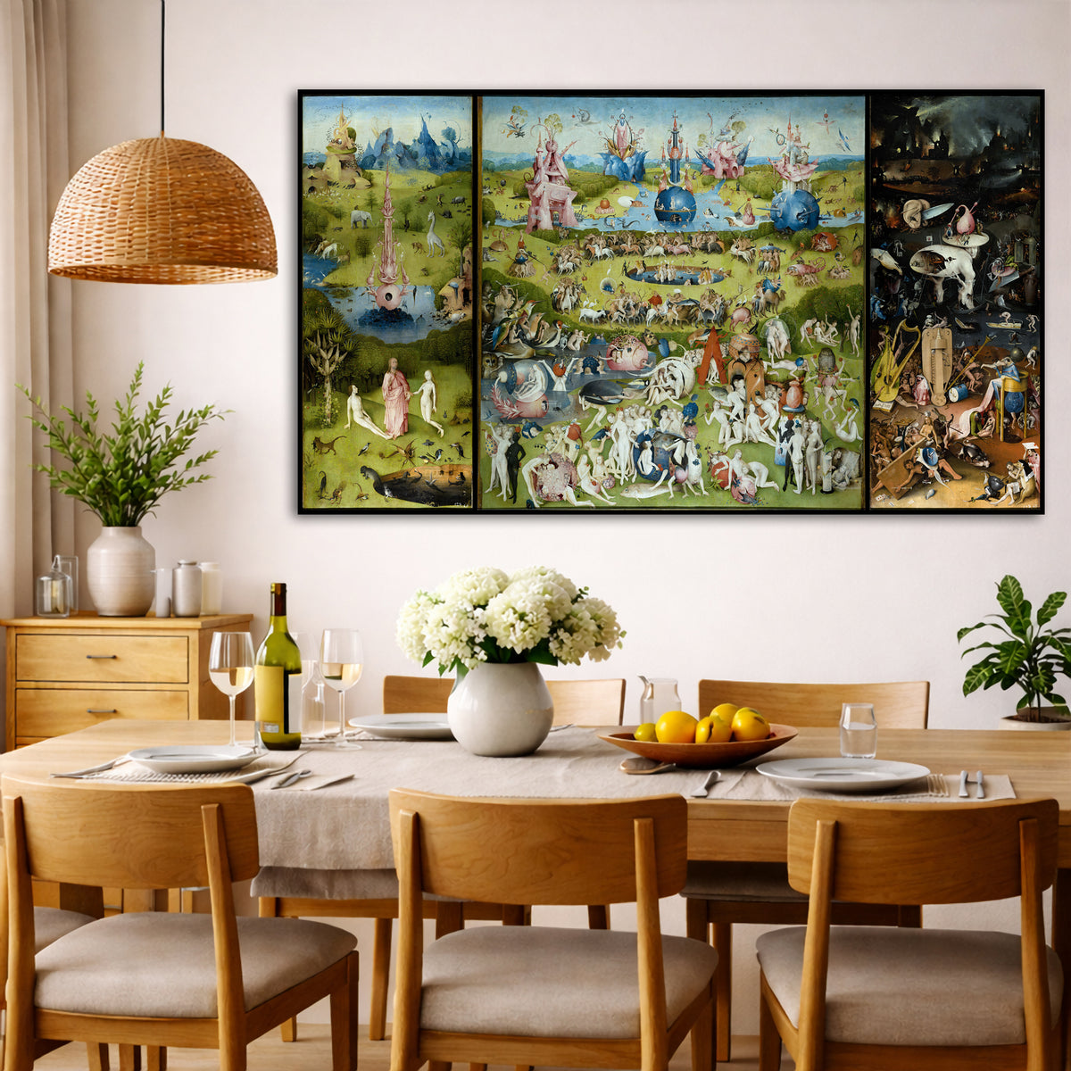 Hieronymus Bosch - Earthly Delights Giclée canvas wall art displayed in a dining room interior