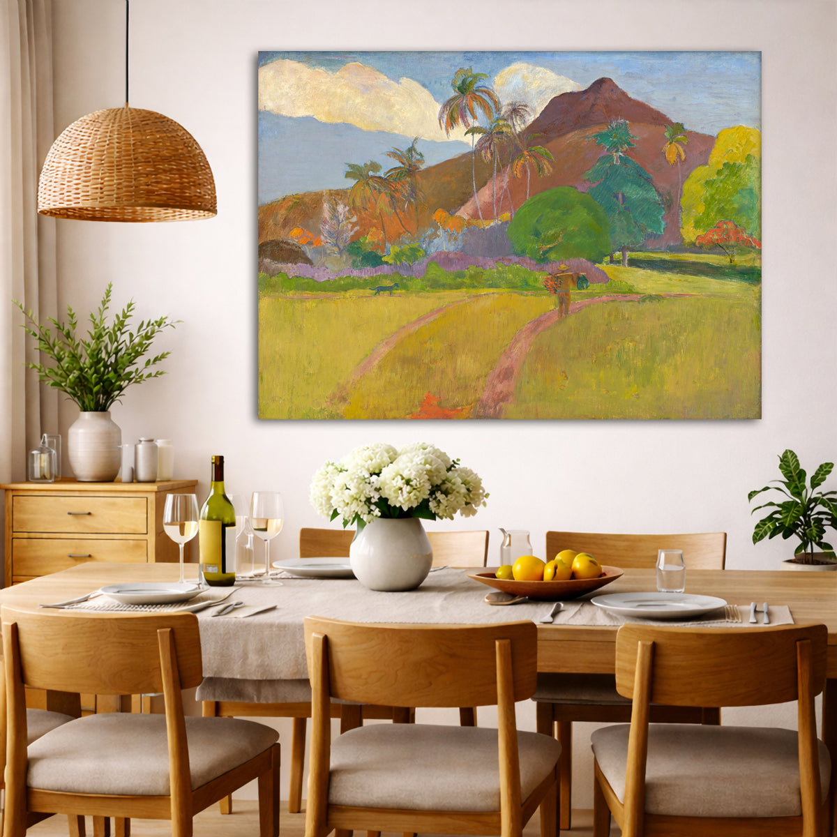 Paul Gauguin - Tahitian Landscape Giclée canvas wall art displayed in a dining room interior
