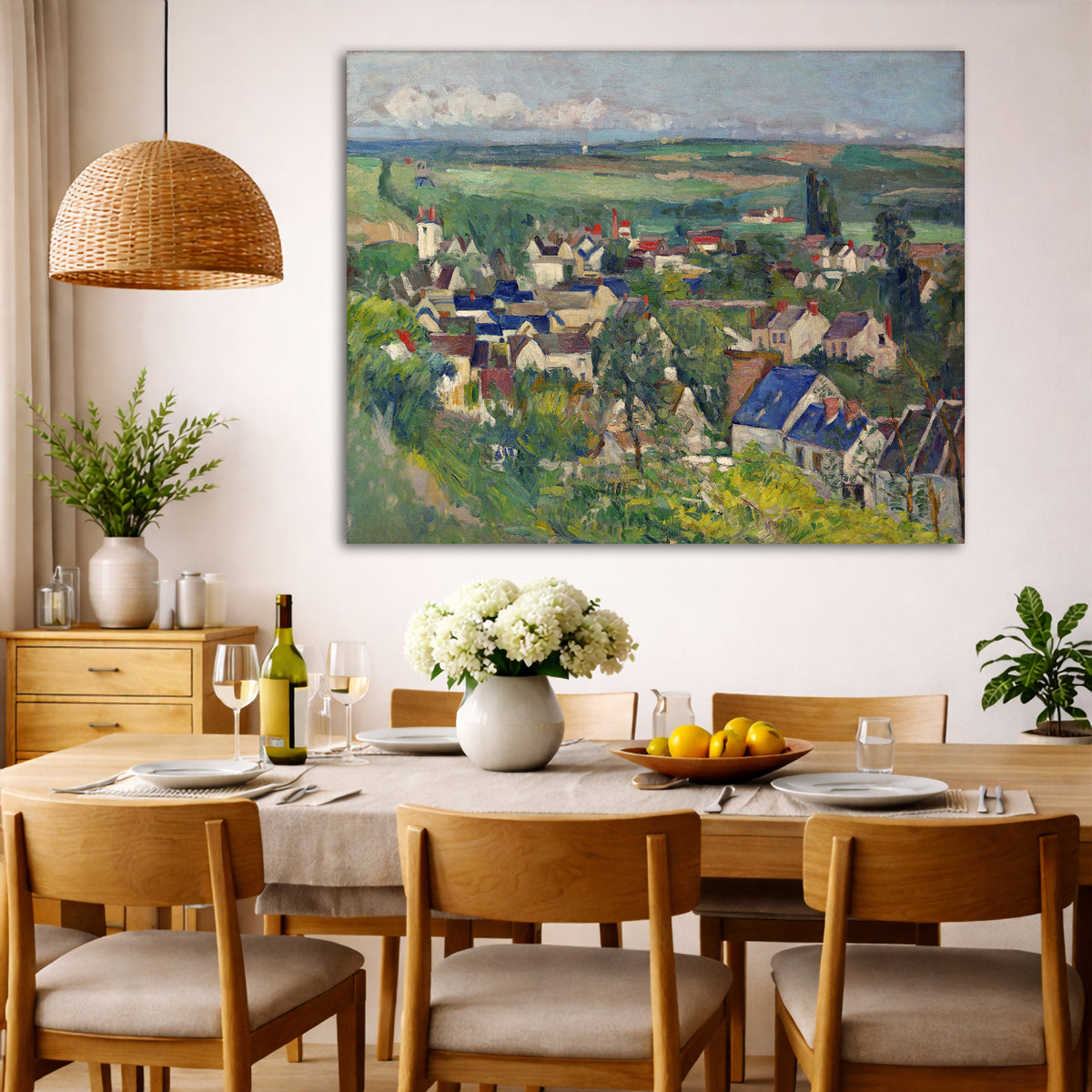Paul Cézanne - Panoramic View of Auvers Giclée canvas wall art displayed in a dining room interior