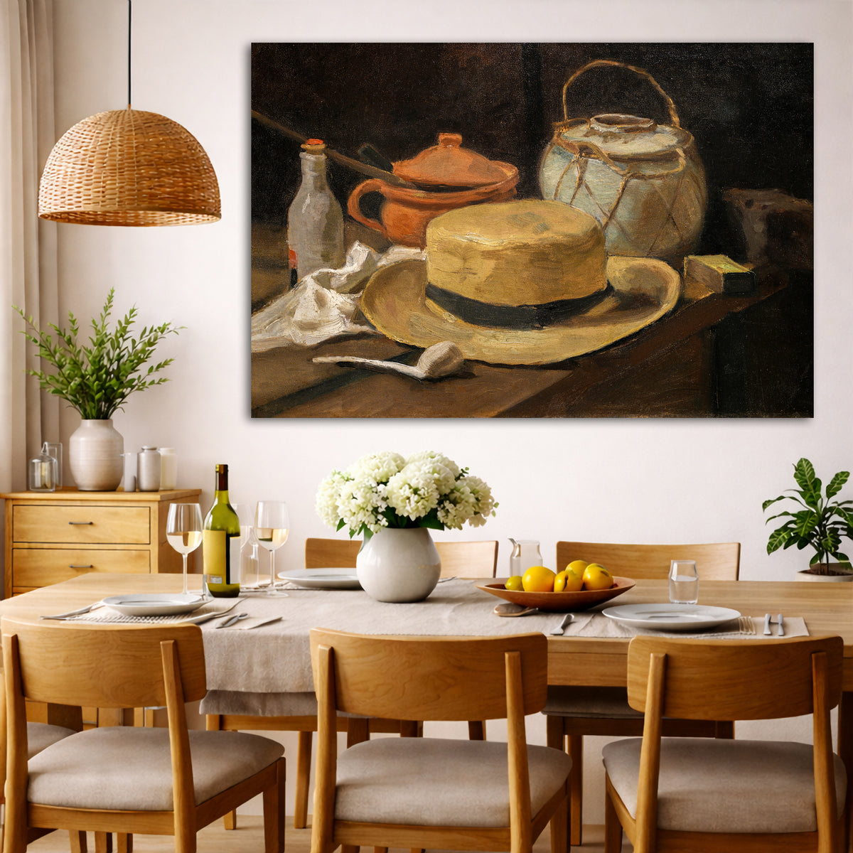 Vincent van Gogh - Still Life with Yellow Straw Hat Giclée canvas wall art displayed in a dining room interior