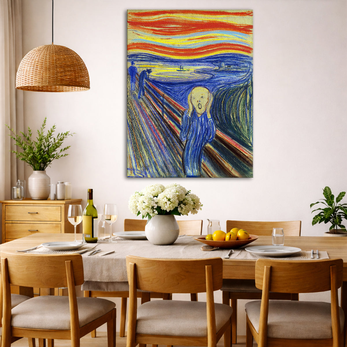 Edvard Munch - The Scream Pastel Giclée canvas wall art displayed in a dining room interior