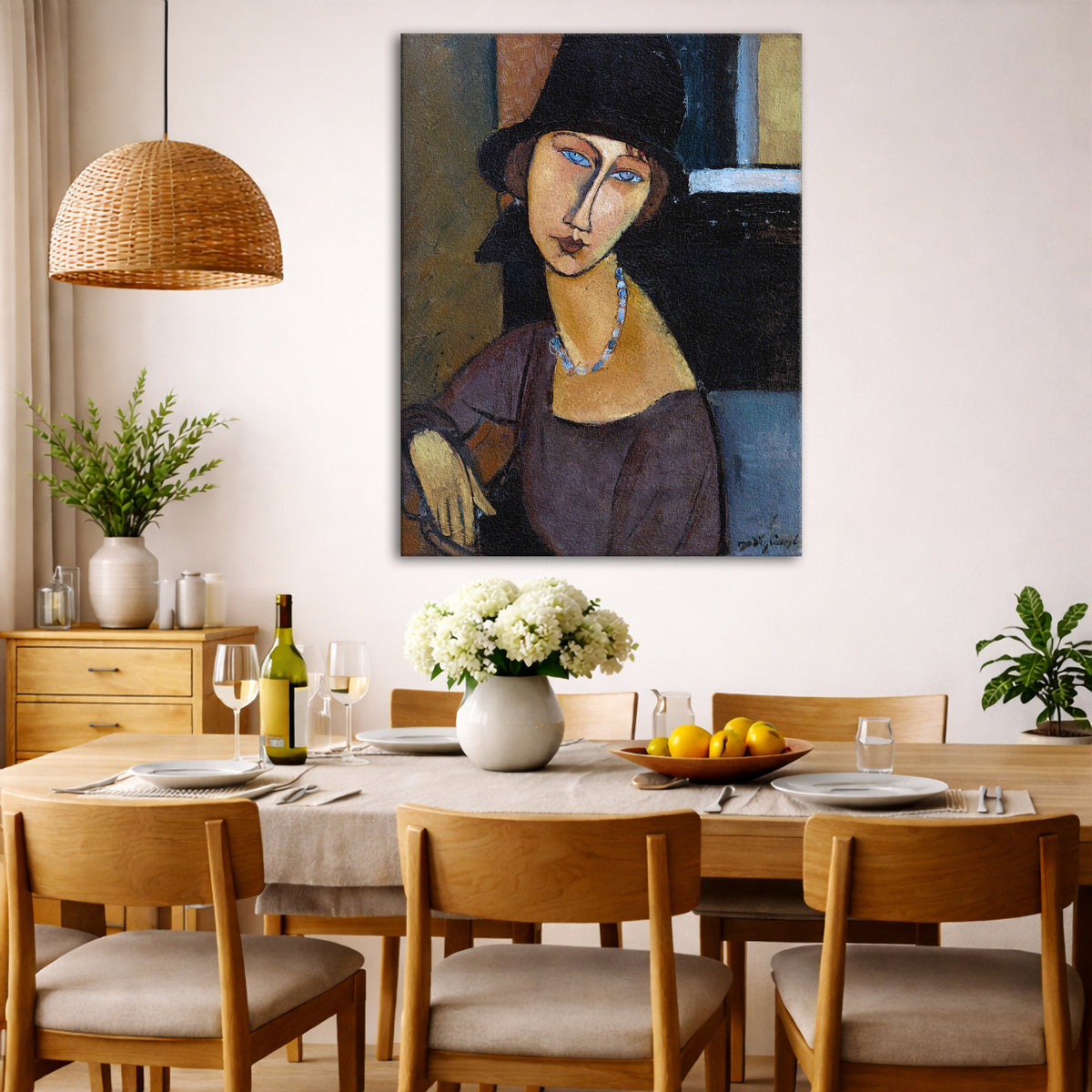 Amedeo Modigliani - Jeanne Hebuterne Hat Giclée canvas wall art displayed in a dining room interior