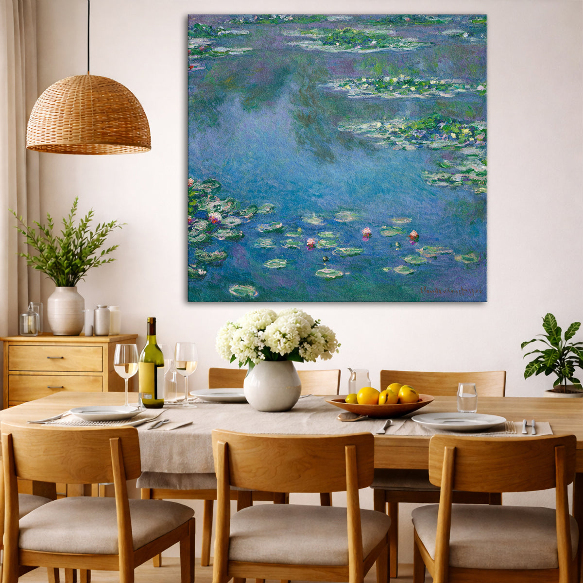 Claude Monet - Water Lilies 1906 Giclée canvas wall art displayed in a dining room interior