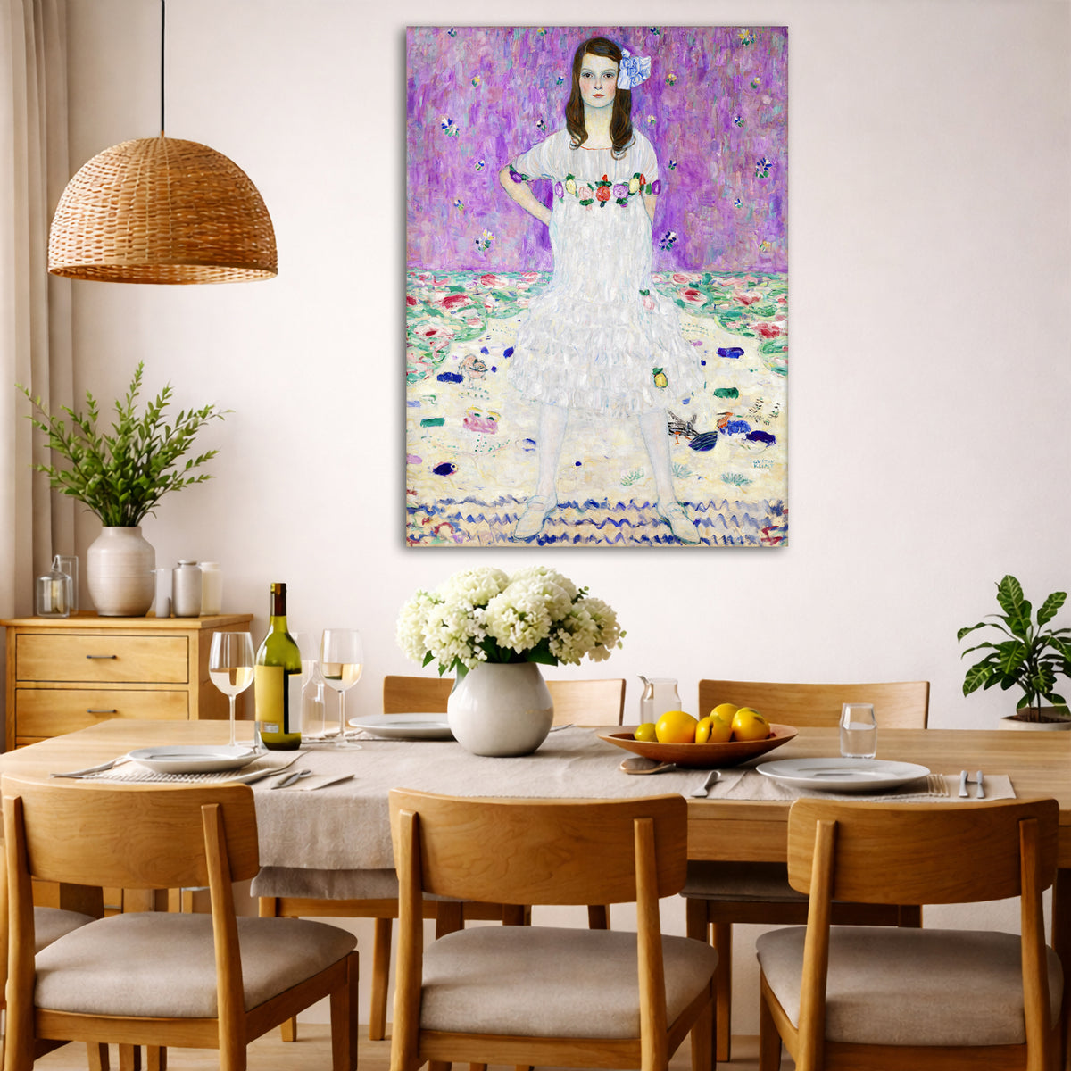 Gustav Klimt - Mada Primavesi Giclée canvas wall art displayed in a dining room interior