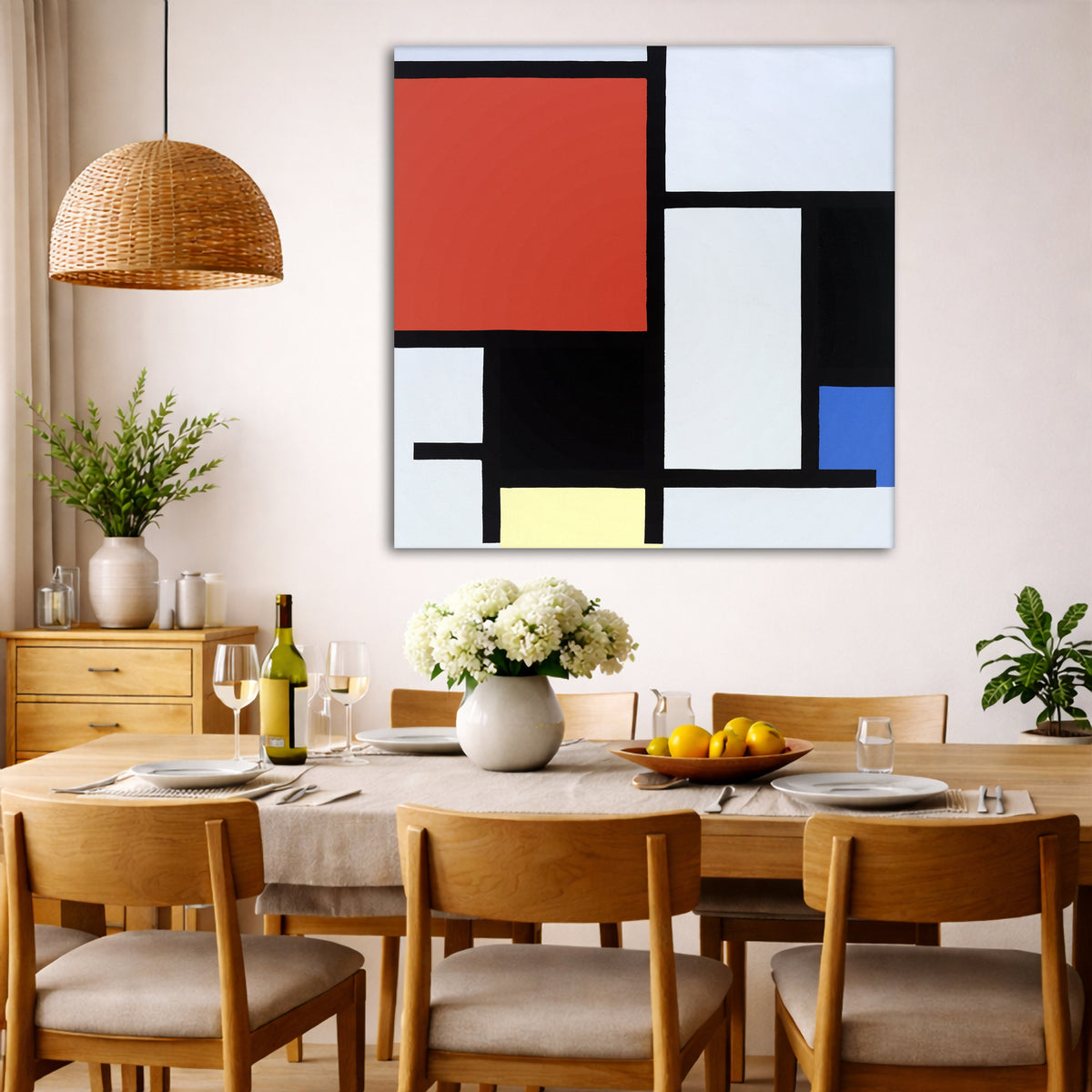 Piet Mondrian - Composition Giclée canvas wall art displayed in a dining room interior