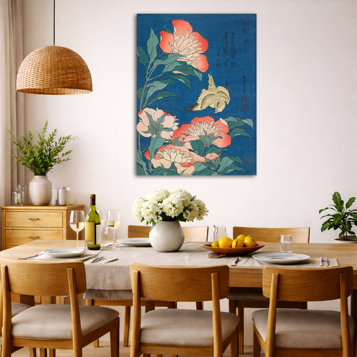 Katsushika Hokusai - Peonies and Canary Giclée canvas wall art displayed in a dining room interior