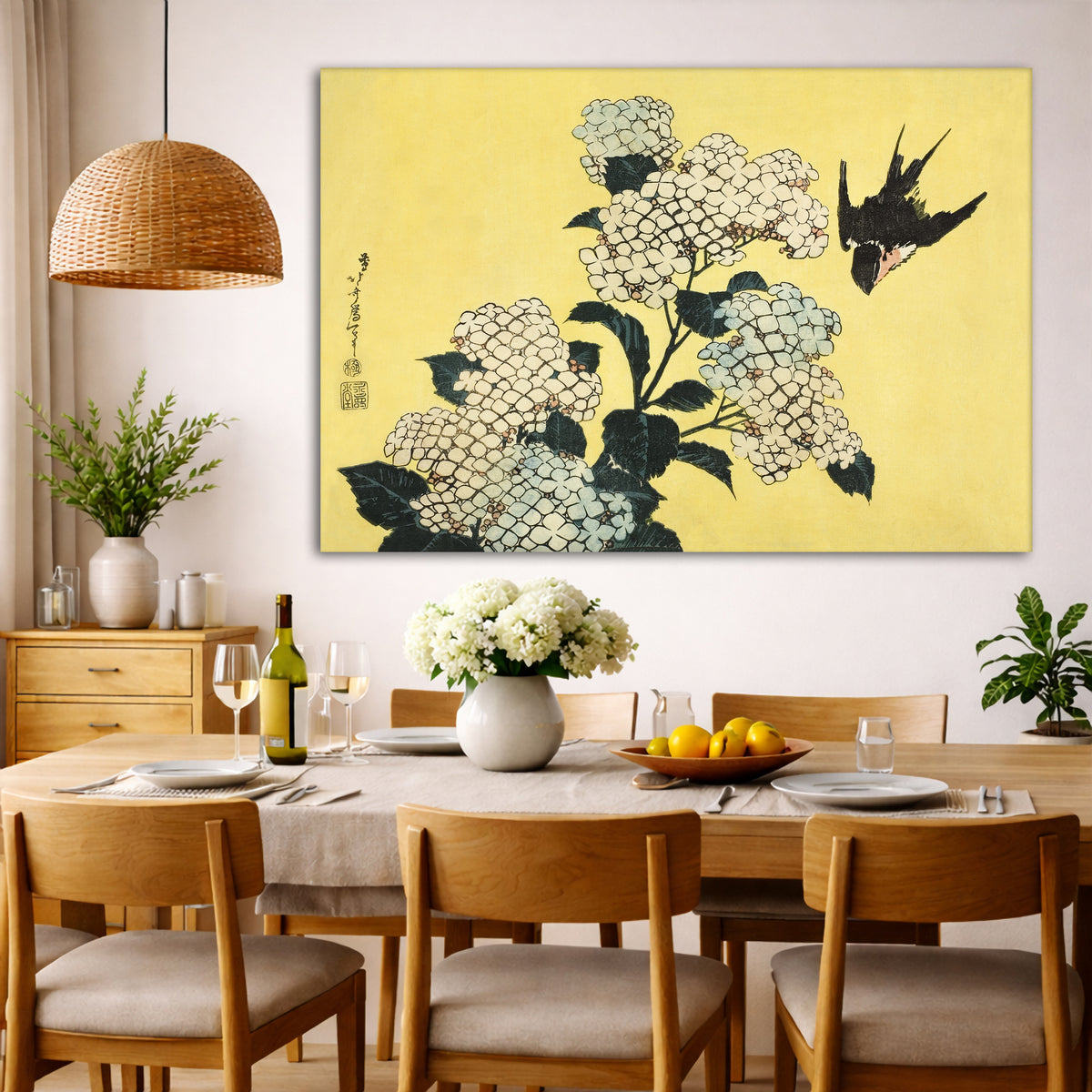 Katsushika Hokusai - Hydrangeas and Swallow Giclée canvas wall art displayed in a dining room interior
