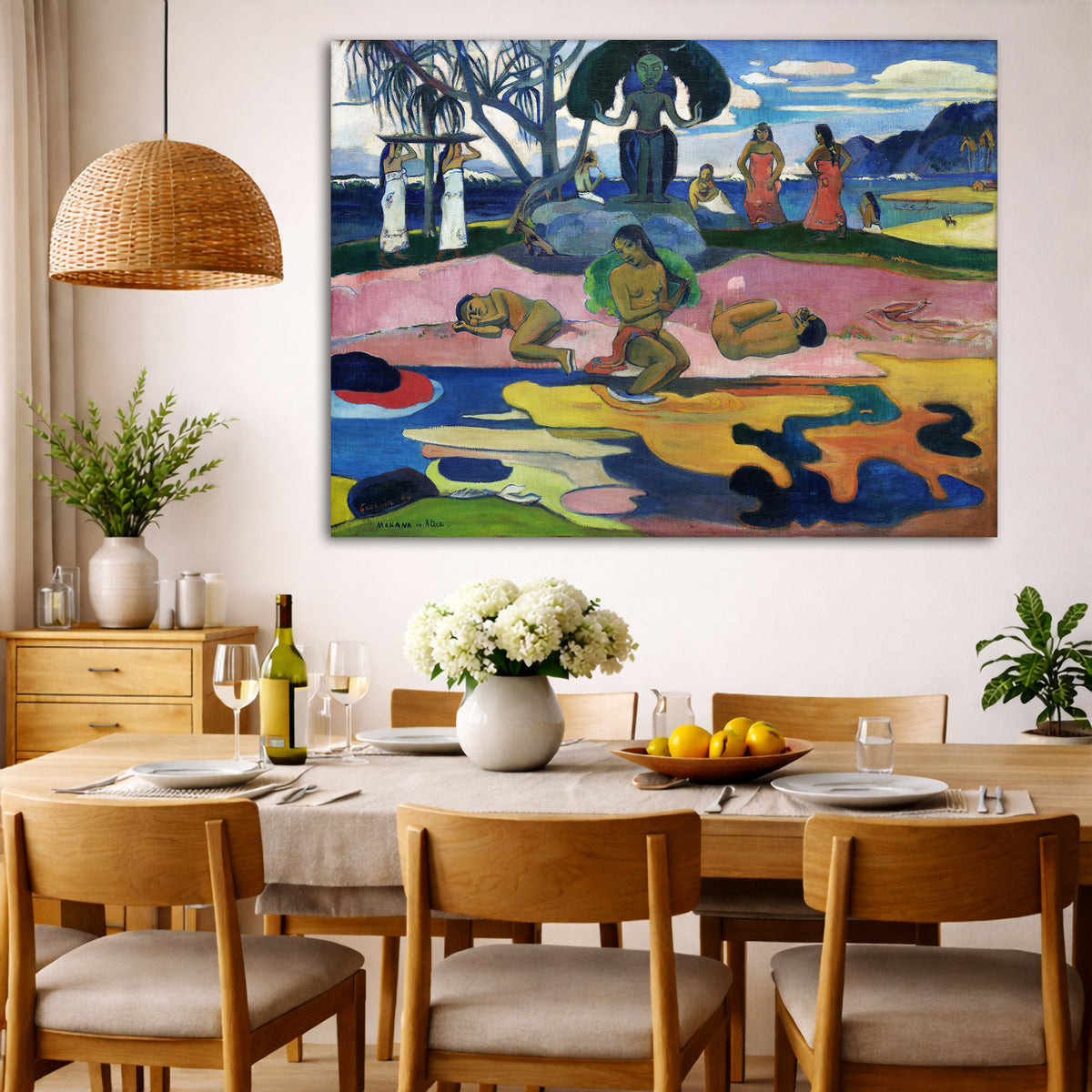 Paul Gauguin - Day of the God Mahana no Atua Giclée canvas wall art displayed in a dining room interior