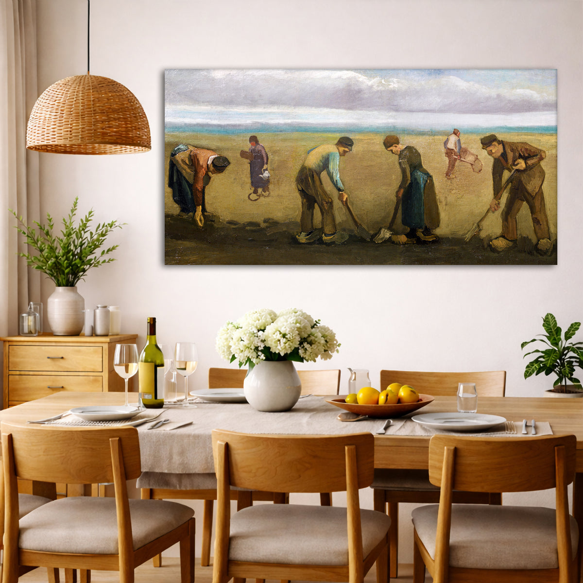 Vincent van Gogh - Peasants Planting Potatoes Giclée canvas wall art displayed in a dining room interior