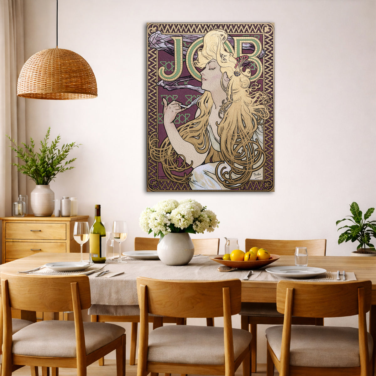 Alphonse Mucha - – Job 1896 Giclée canvas wall art displayed in a dining room interior
