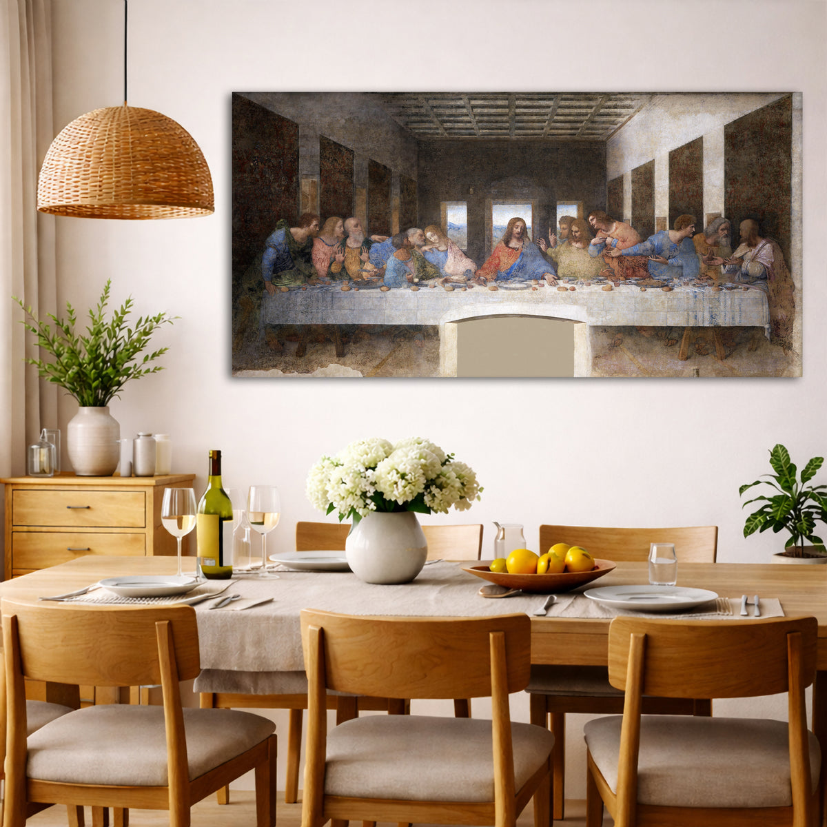 Leonardo Da Vinci - The Last Supper Giclée canvas wall art displayed in a dining room interior