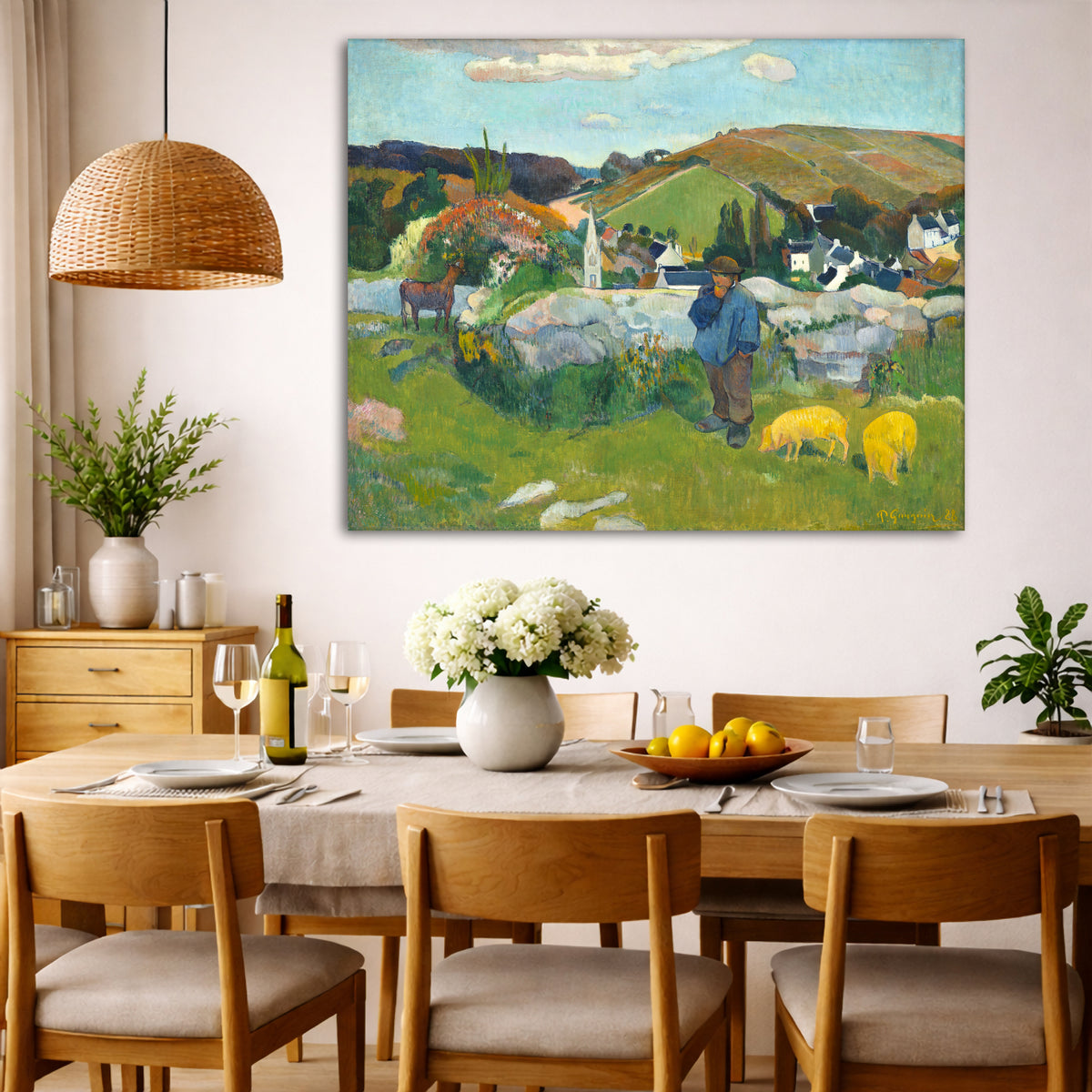Paul Gauguin - The Swineherd Brittany Giclée canvas wall art displayed in a dining room interior