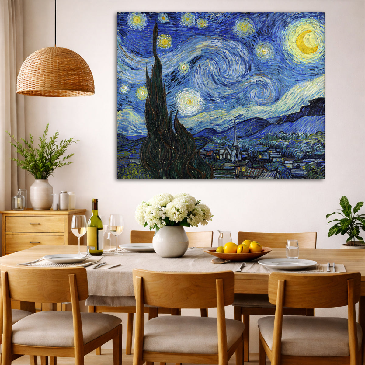 Vincent van Gogh - Starry Night Giclée canvas wall art displayed in a dining room interior