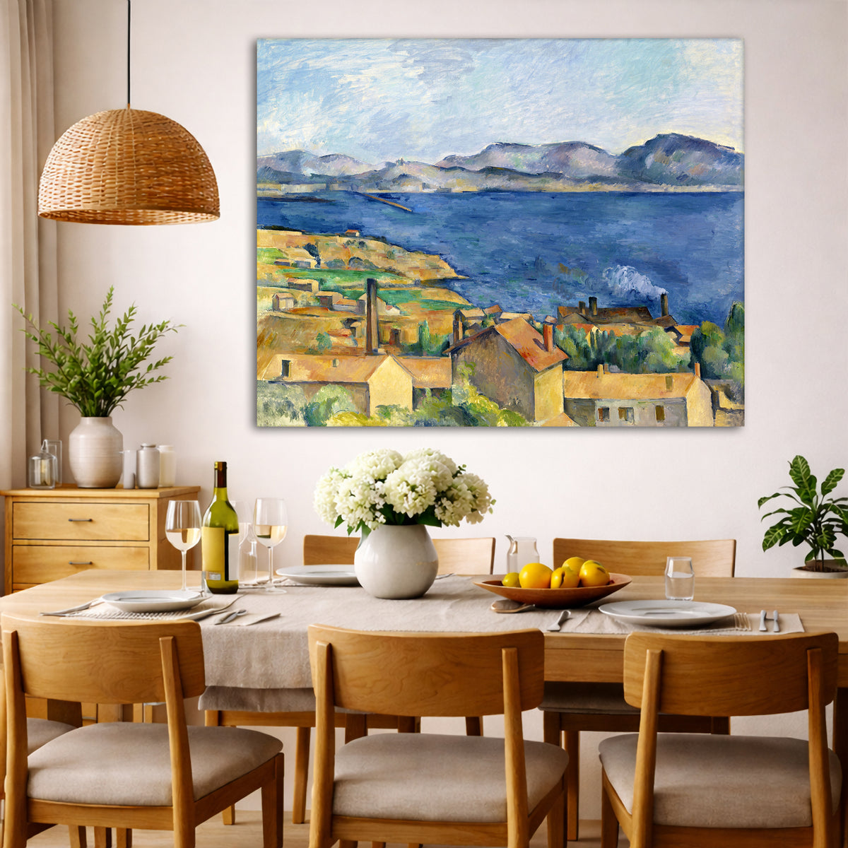 Paul Cézanne - The Bay of Marseilles Giclée canvas wall art displayed in a dining room interior