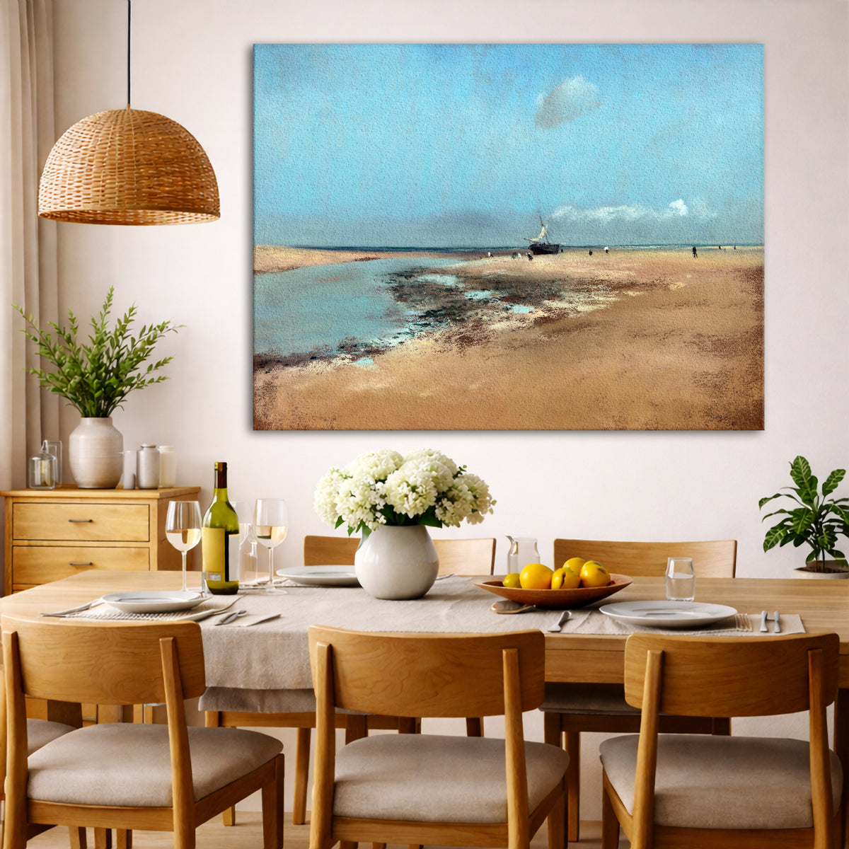 Edgar Degas - Beach at Low Tide Giclée canvas wall art displayed in a dining room interior
