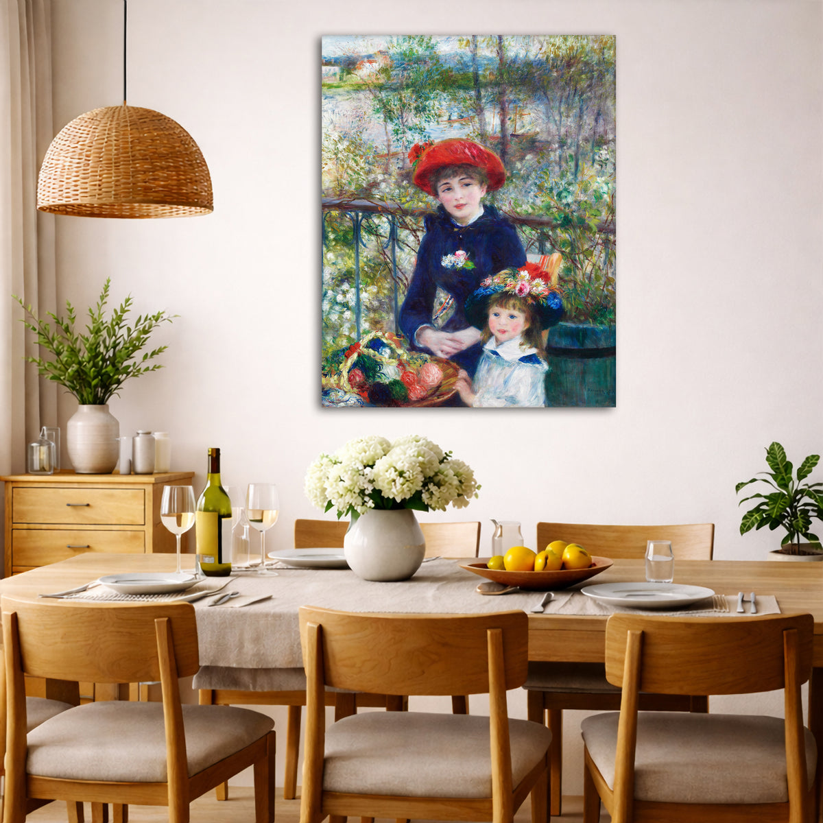Pierre-Auguste Renoir - Two Sisters on the Terrace Giclée canvas wall art displayed in a dining room interior