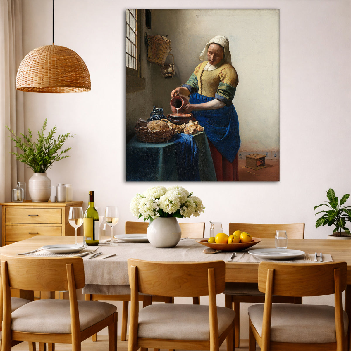 Jan Vermeer - The Milkmaid Giclée canvas wall art displayed in a dining room interior