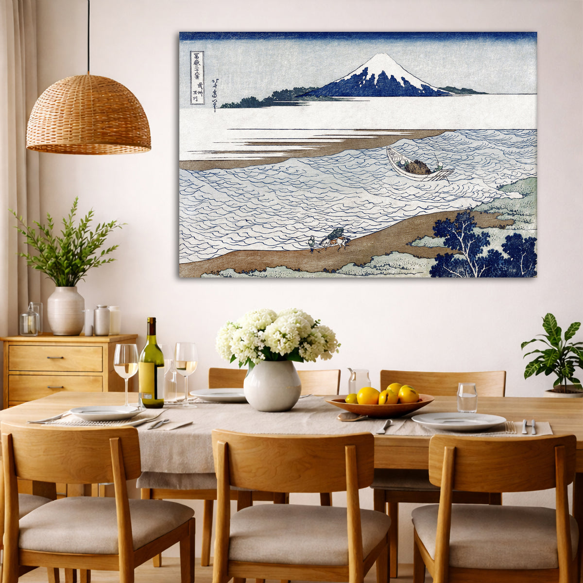 Katsushika Hokusai - Tama River in Musashi Giclée canvas wall art displayed in a dining room interior