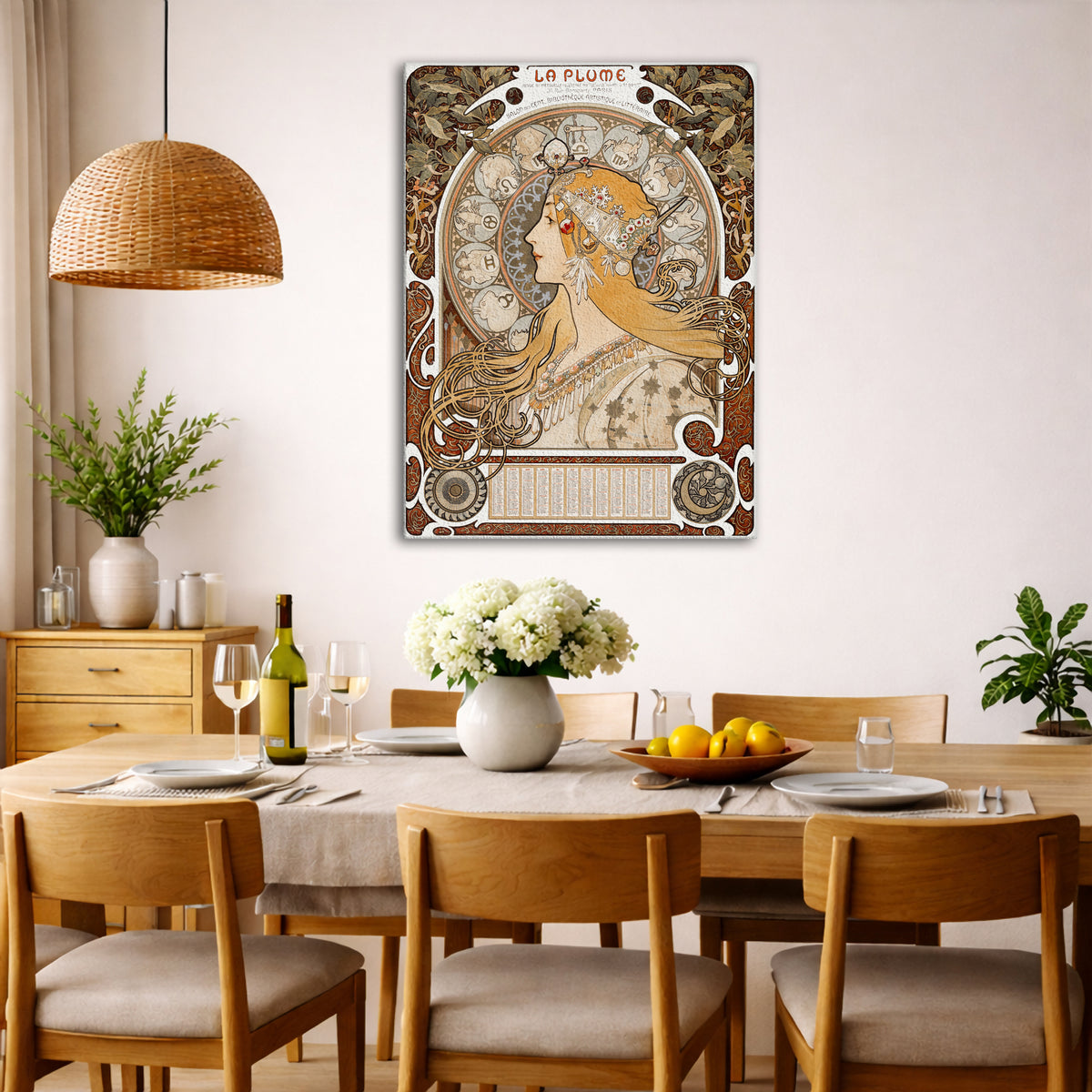 Alphonse Mucha - – La Plume Giclée canvas wall art displayed in a dining room interior