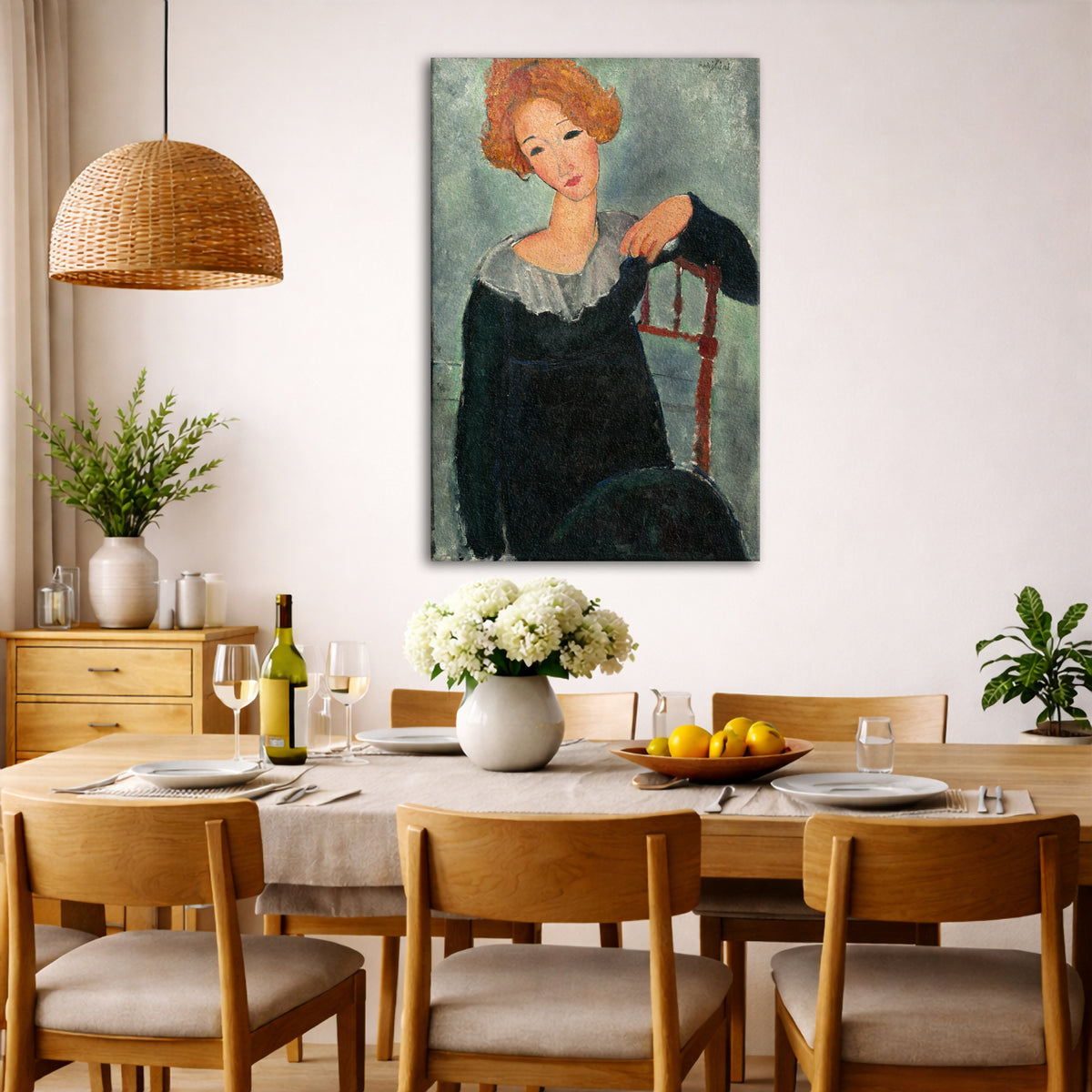 Amedeo Modigliani - Woman with Red Hair Giclée canvas wall art displayed in a dining room interior