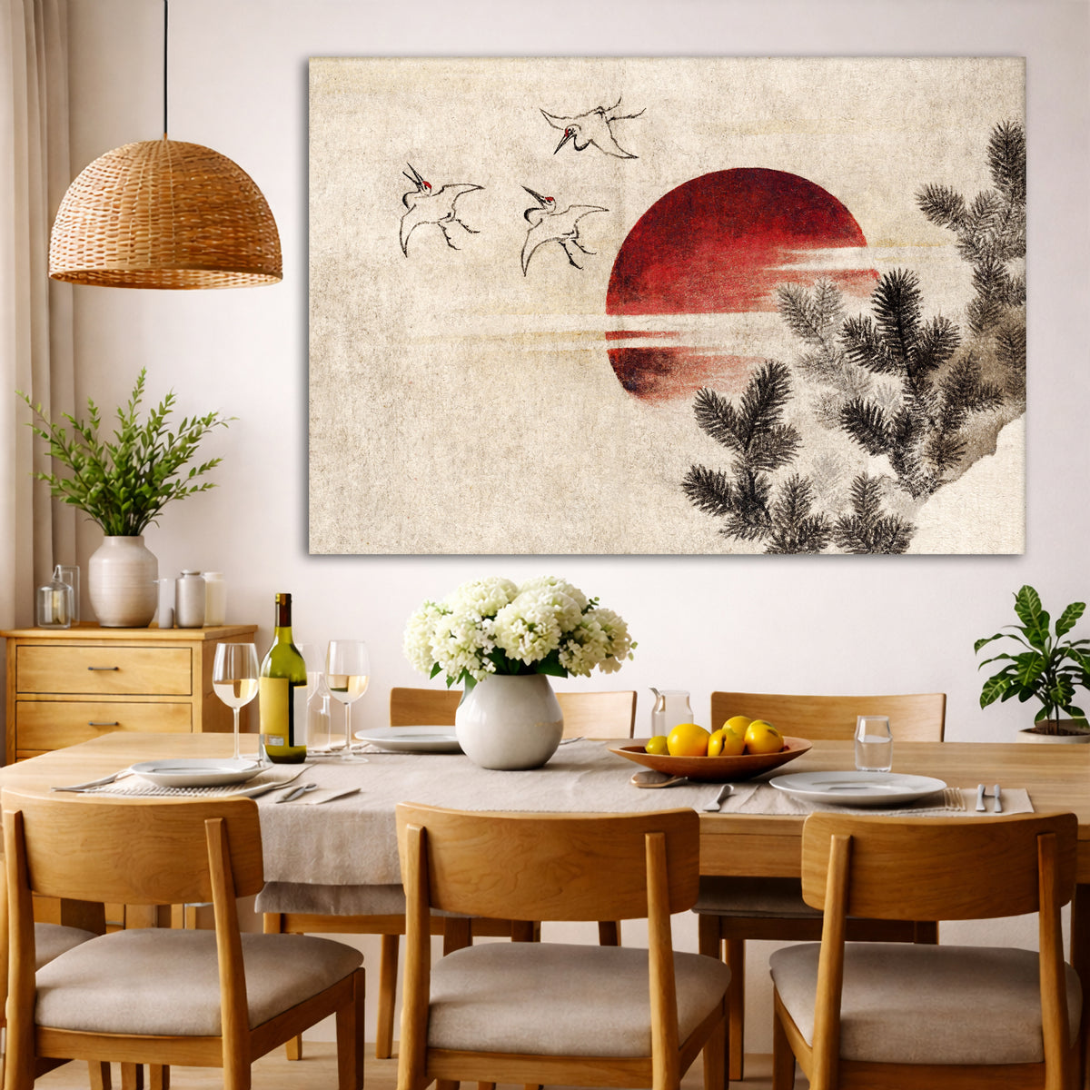 Katsushika Hokusai - Birds and Sunset Giclée canvas wall art displayed in a dining room interior