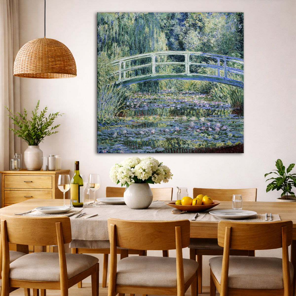 Claude Monet - Water Lilies and Japanese Bridge Giclée canvas wall art displayed in a dining room interior