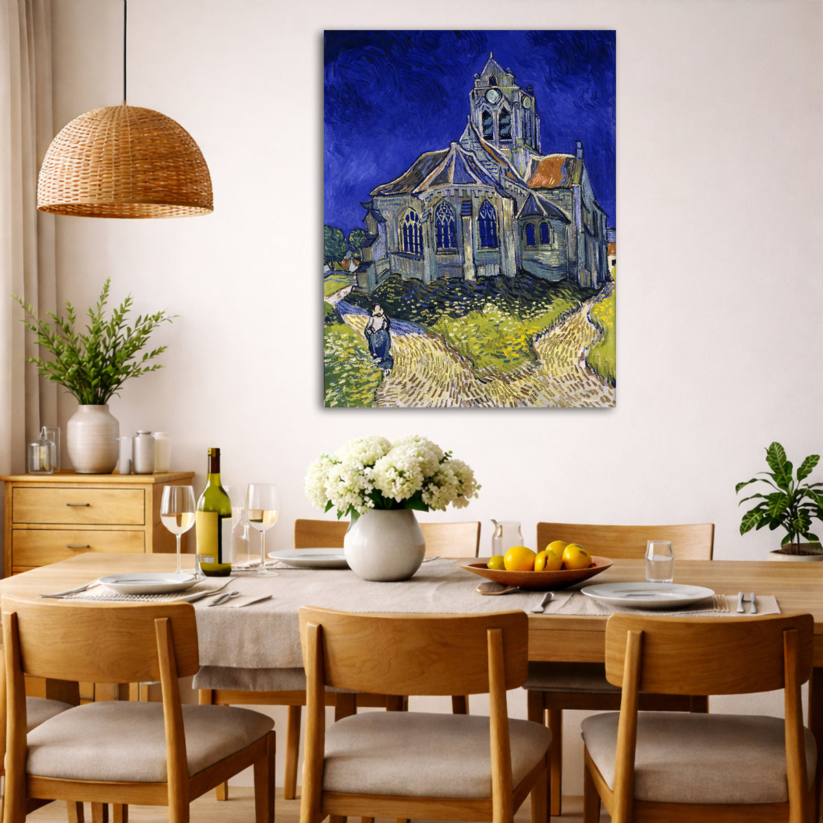 Vincent van Gogh - The Church at Auvers Giclée canvas wall art displayed in a dining room interior