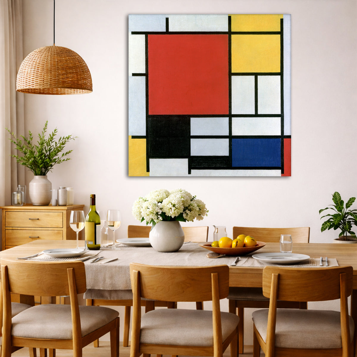 Piet Mondrian - Composition with Red, Yellow, Blue and Black Giclée canvas wall art displayed in a dining room interior