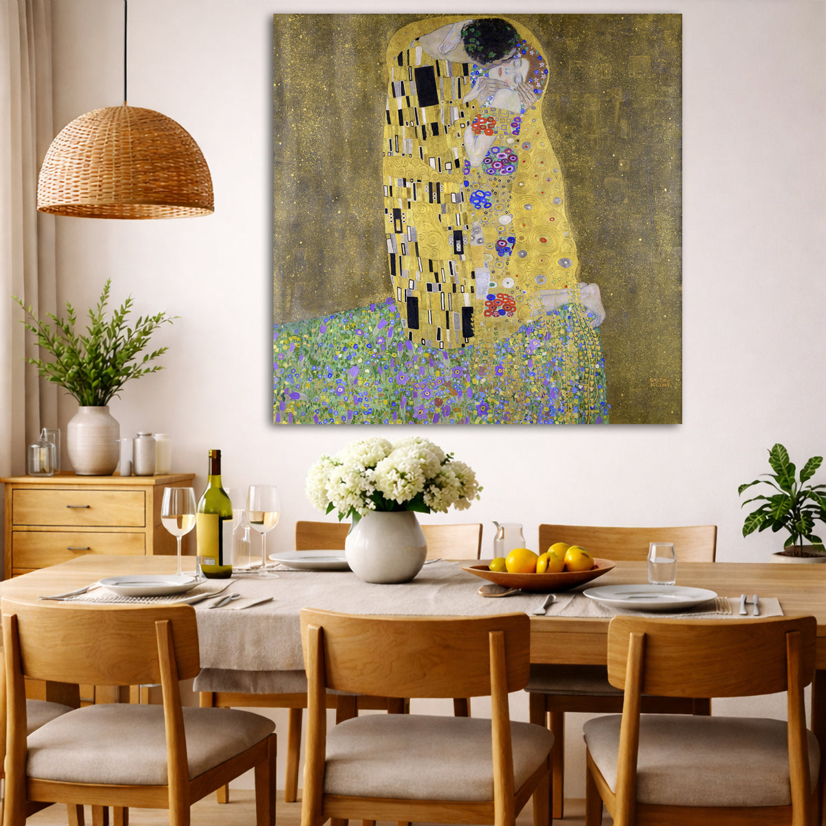 Gustav Klimt - The Kiss Giclée canvas wall art displayed in a dining room interior