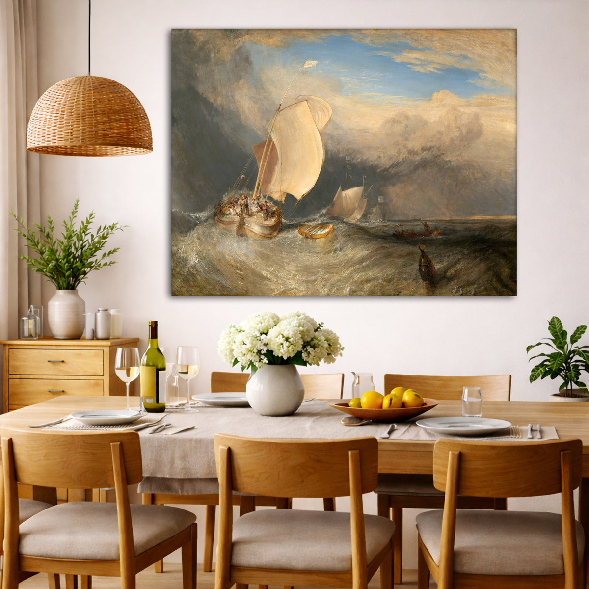 William Turner - Fishing Boats with Hucksters Giclée canvas wall art displayed in a dining room interior