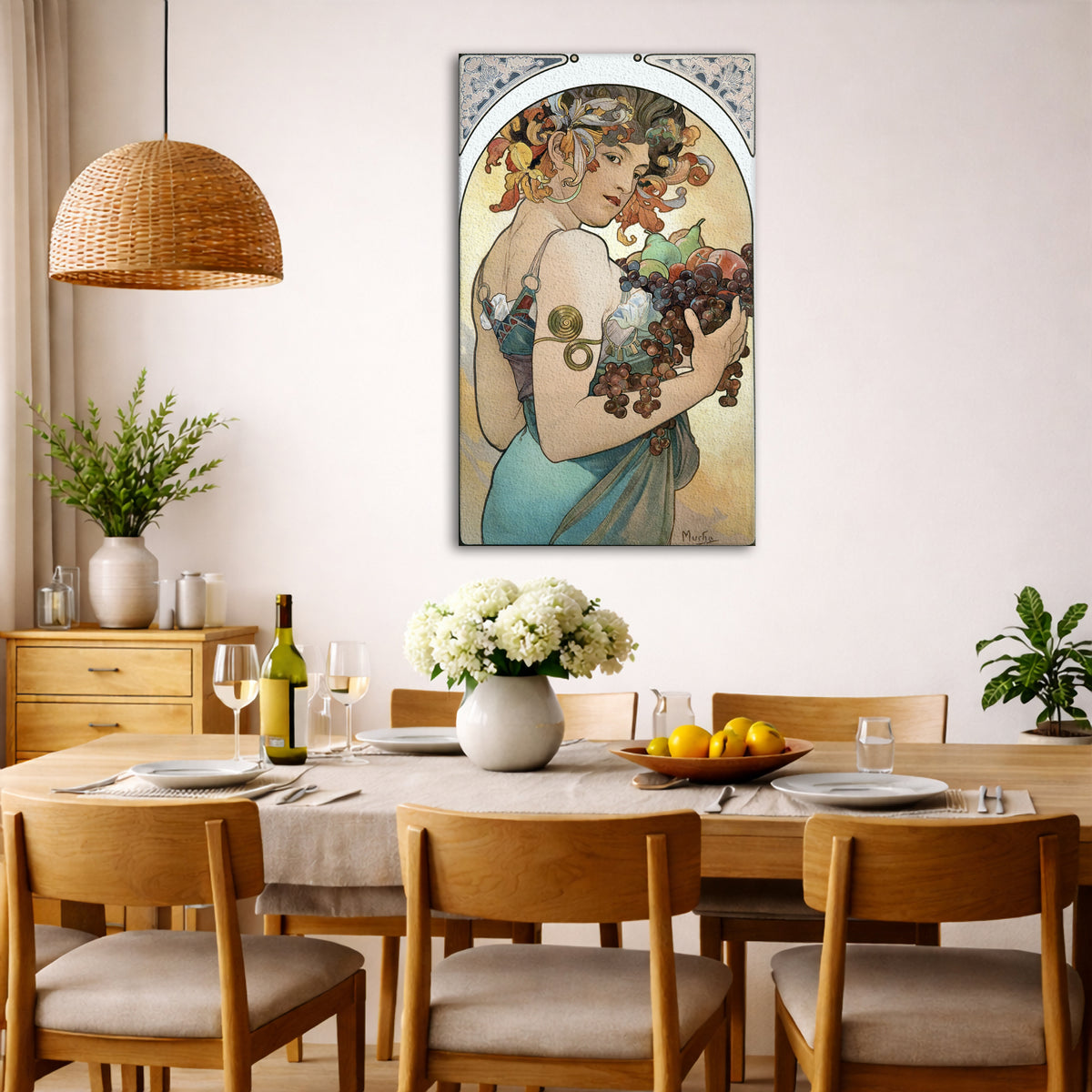 Alphonse Mucha - – Fruit Giclée canvas wall art displayed in a dining room interior
