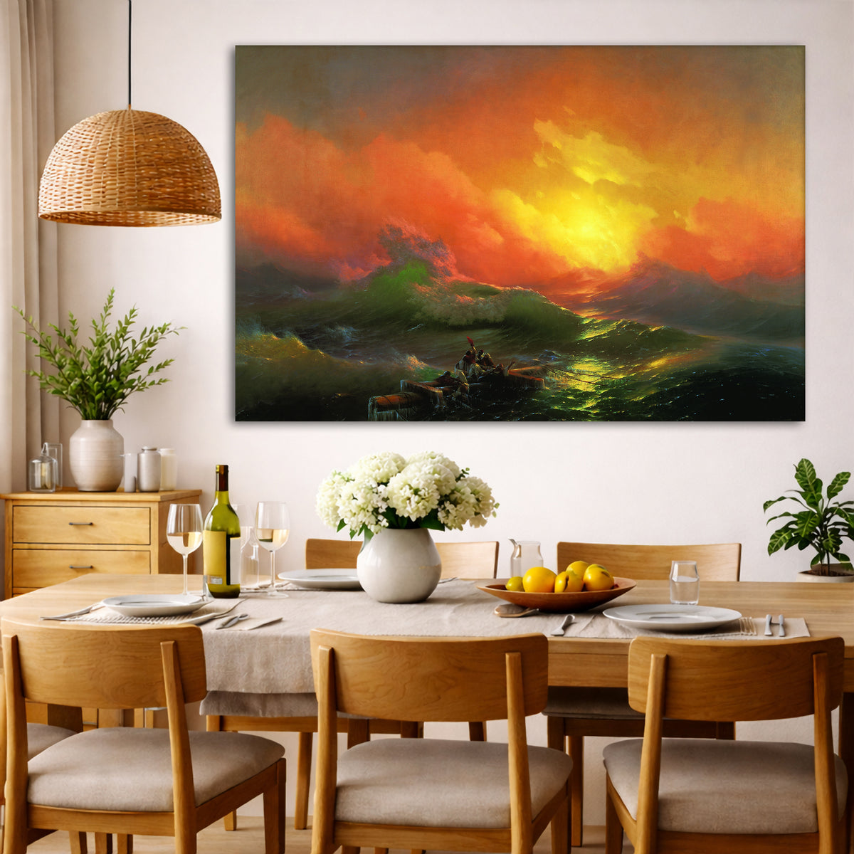 Ivan Aivazovsky - The Ninth Wave Giclée canvas wall art displayed in a dining room interior