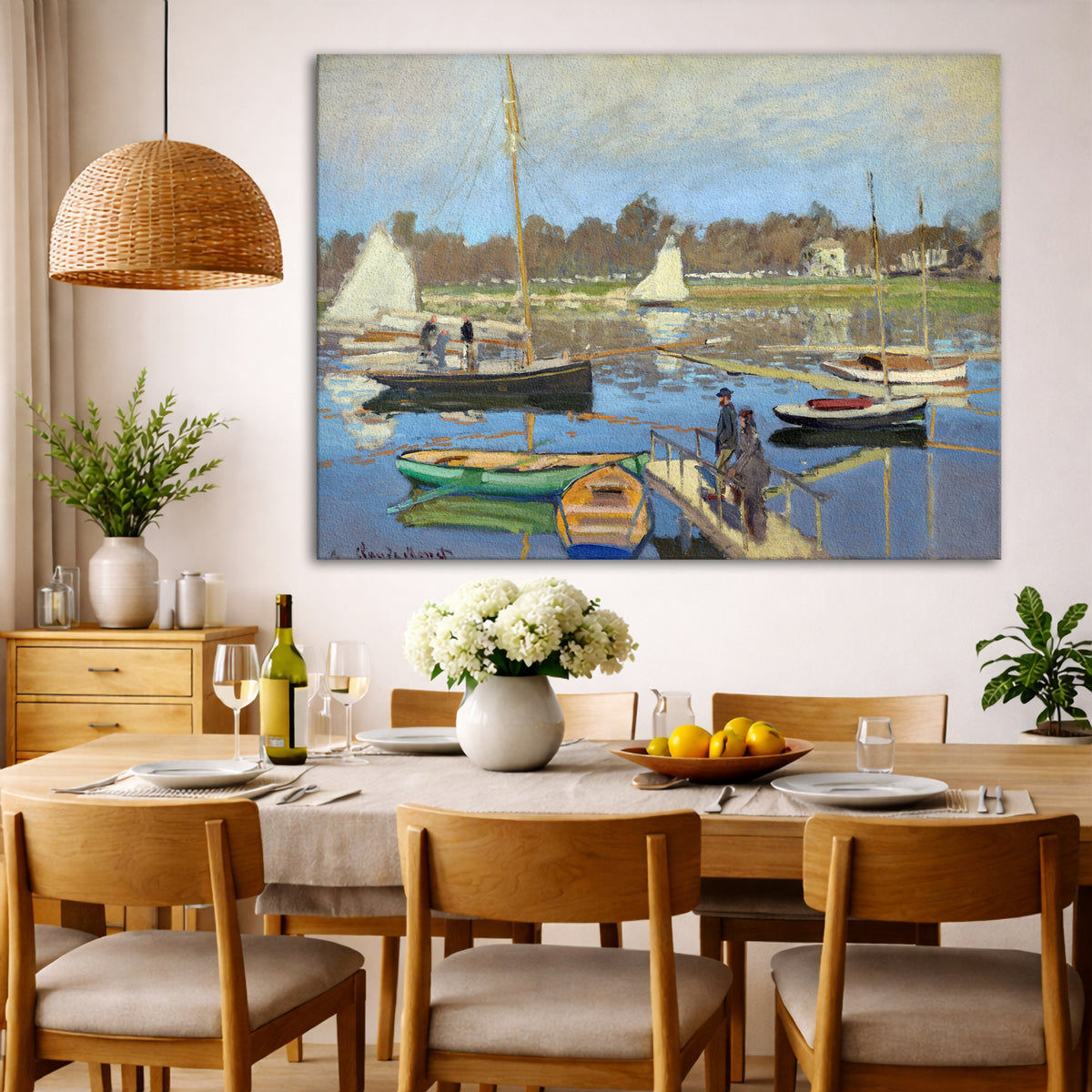 Claude Monet - Basin at Argenteuil Giclée canvas wall art displayed in a dining room interior