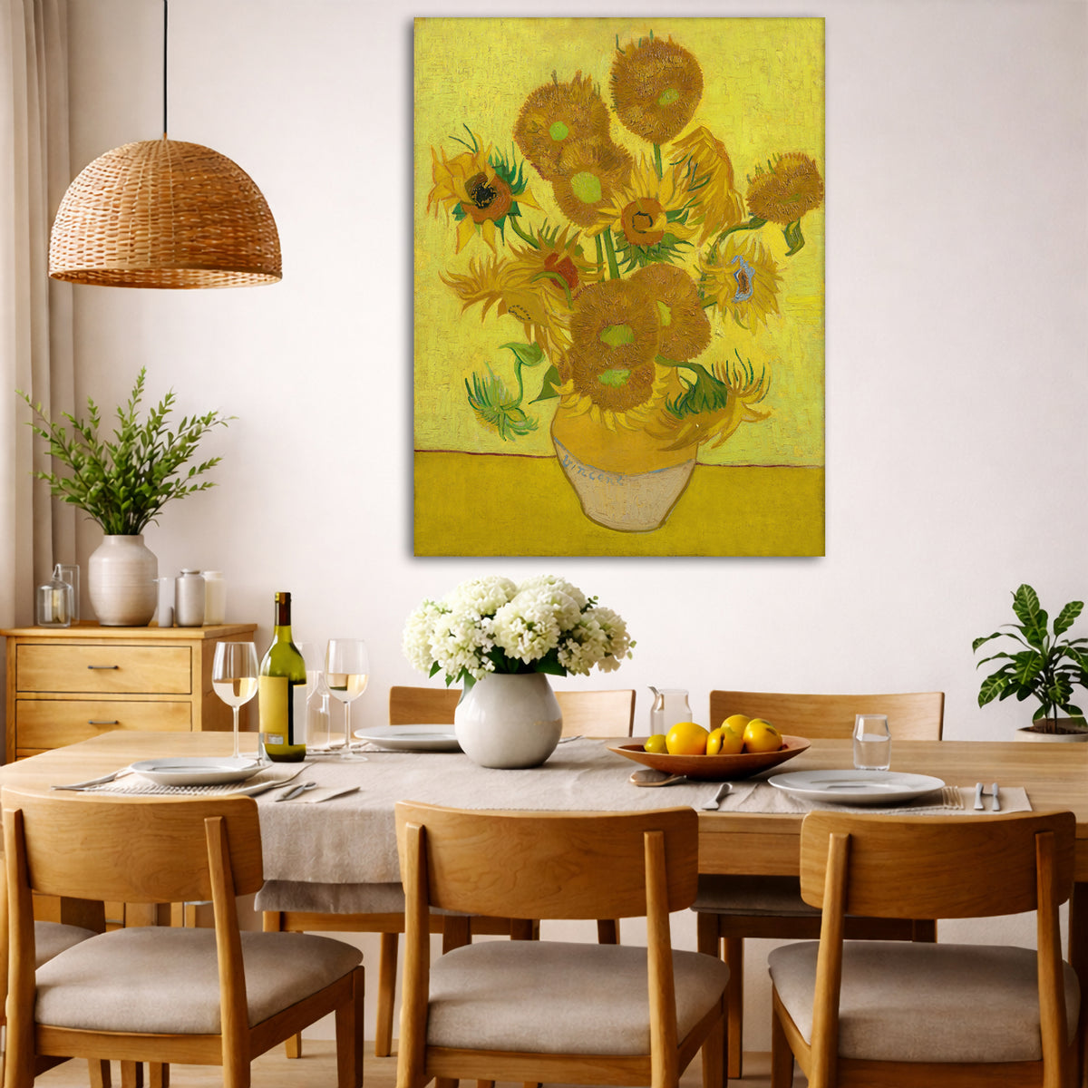 Vincent van Gogh - Sunflowers in a Vase Giclée canvas wall art displayed in a dining room interior