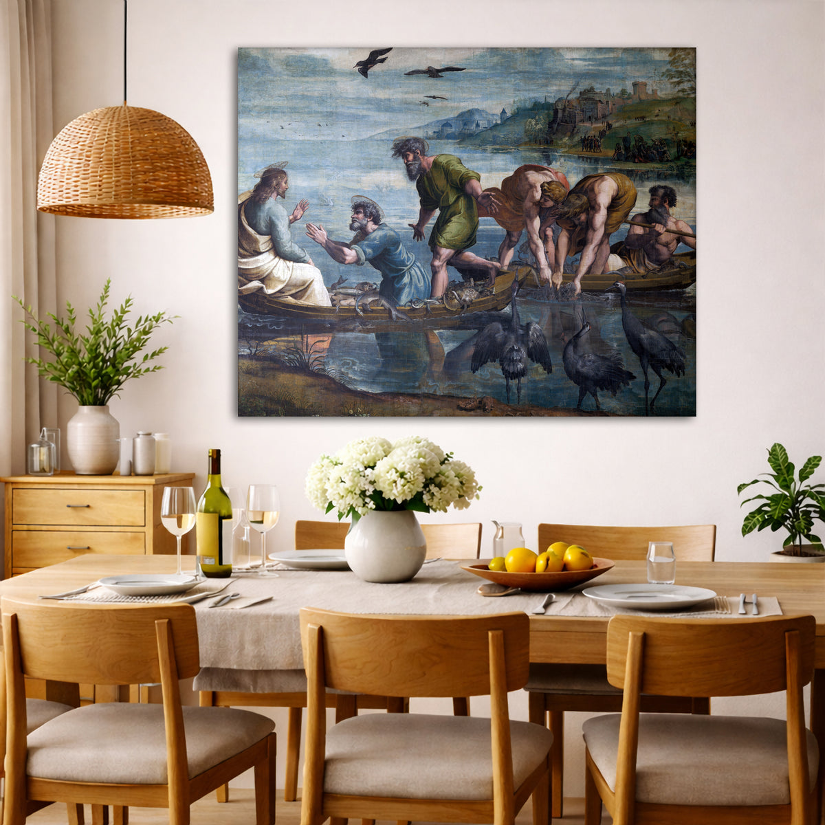 Raphael - Miraculous Draught of Fishes Giclée canvas wall art displayed in a dining room interior