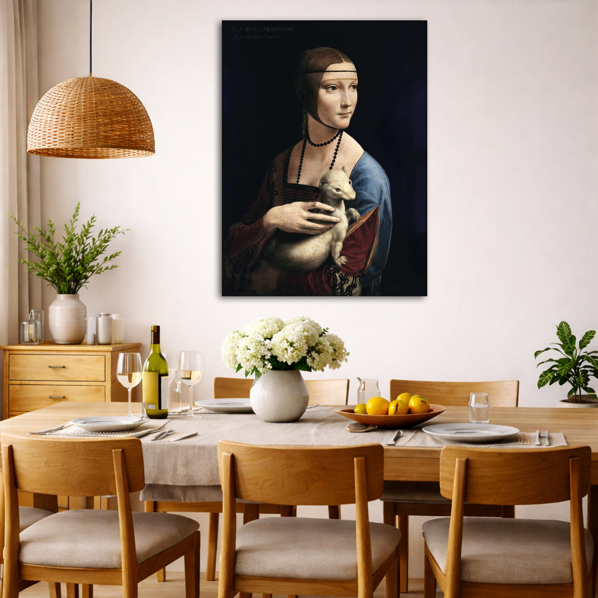 Leonardo Da Vinci - Lady with an Ermine Giclée canvas wall art displayed in a dining room interior