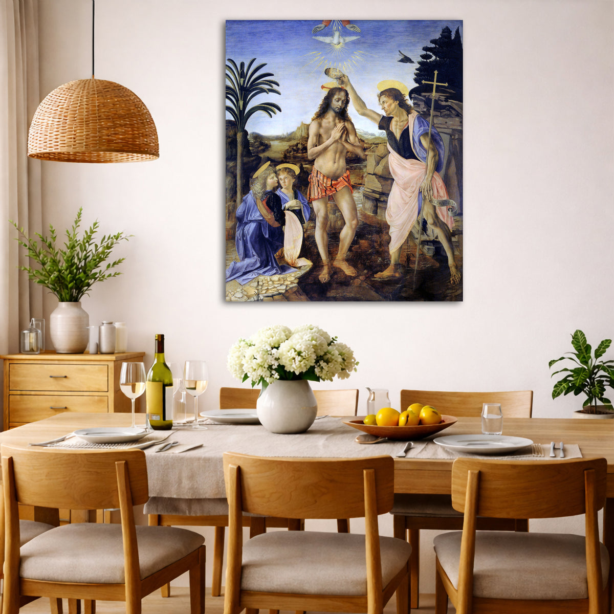 Leonardo Da Vinci - Baptism of Christ Giclée canvas wall art displayed in a dining room interior