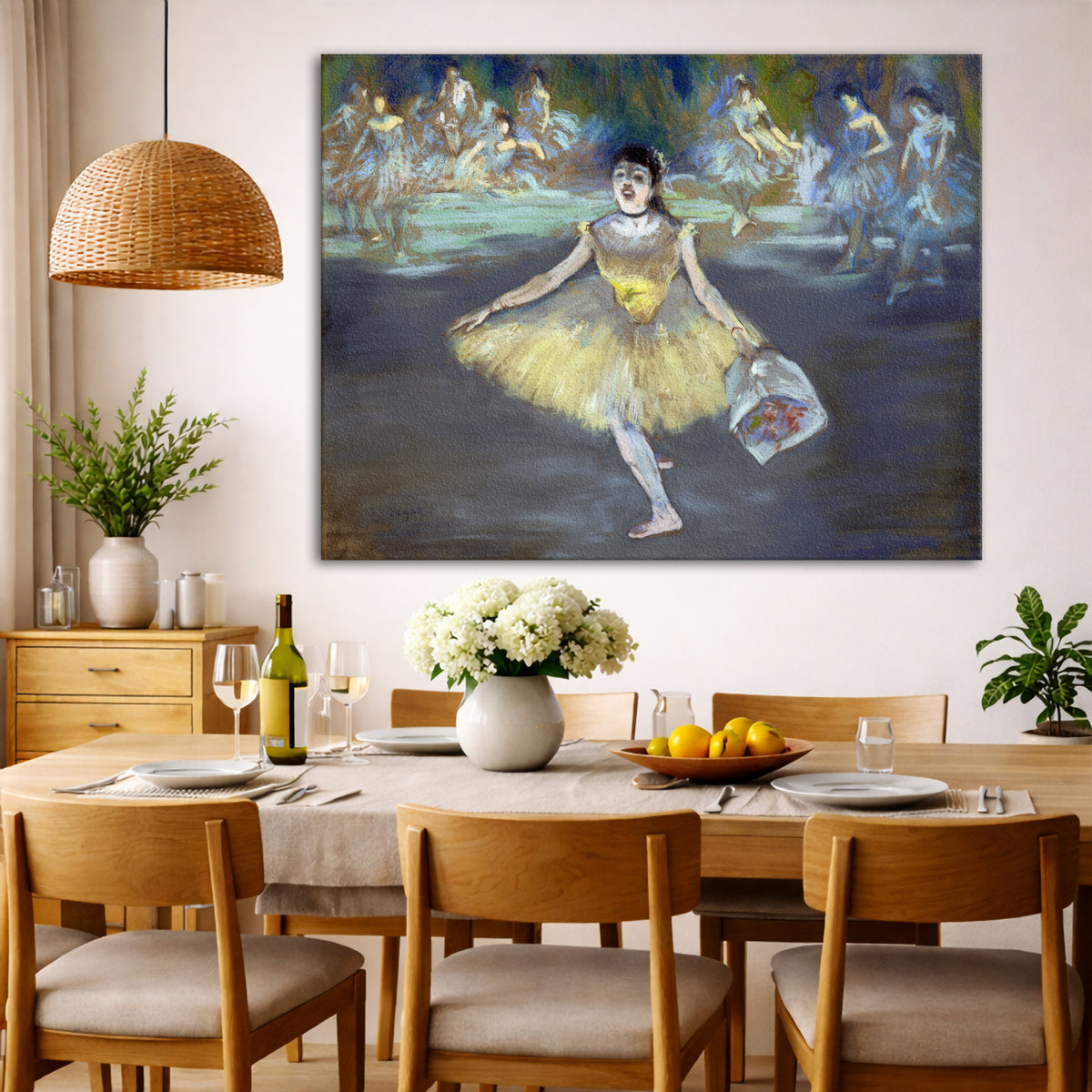 Edgar Degas - Dancer with Bouquet Giclée canvas wall art displayed in a dining room interior