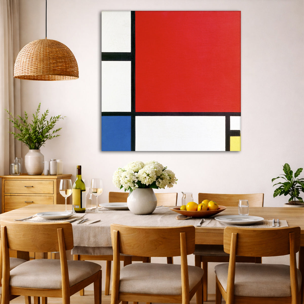 Piet Mondrian - Composition with Red, Blue and Yellow Giclée canvas wall art displayed in a dining room interior