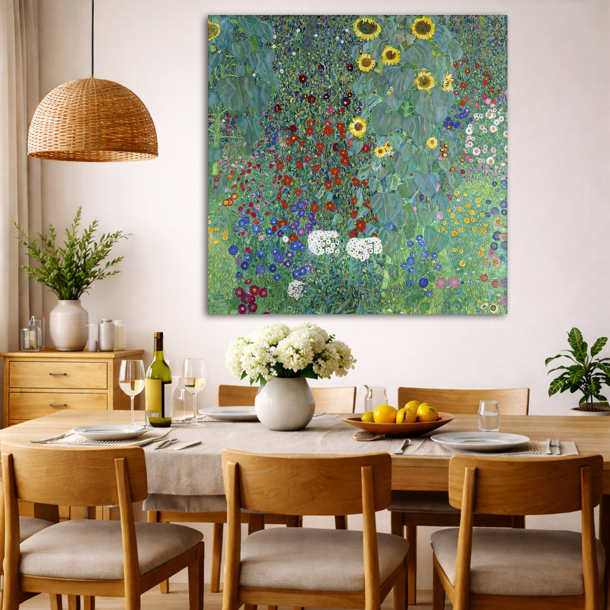 Gustav Klimt - Farm Garden with Sunflowers Giclée canvas wall art displayed in a dining room interior