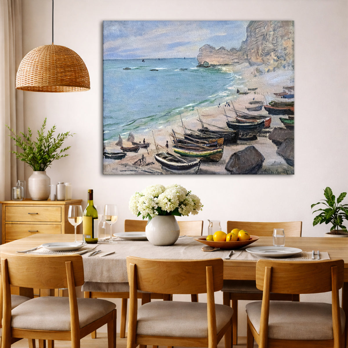 Claude Monet - Boats at Etretat Giclée canvas wall art displayed in a dining room interior
