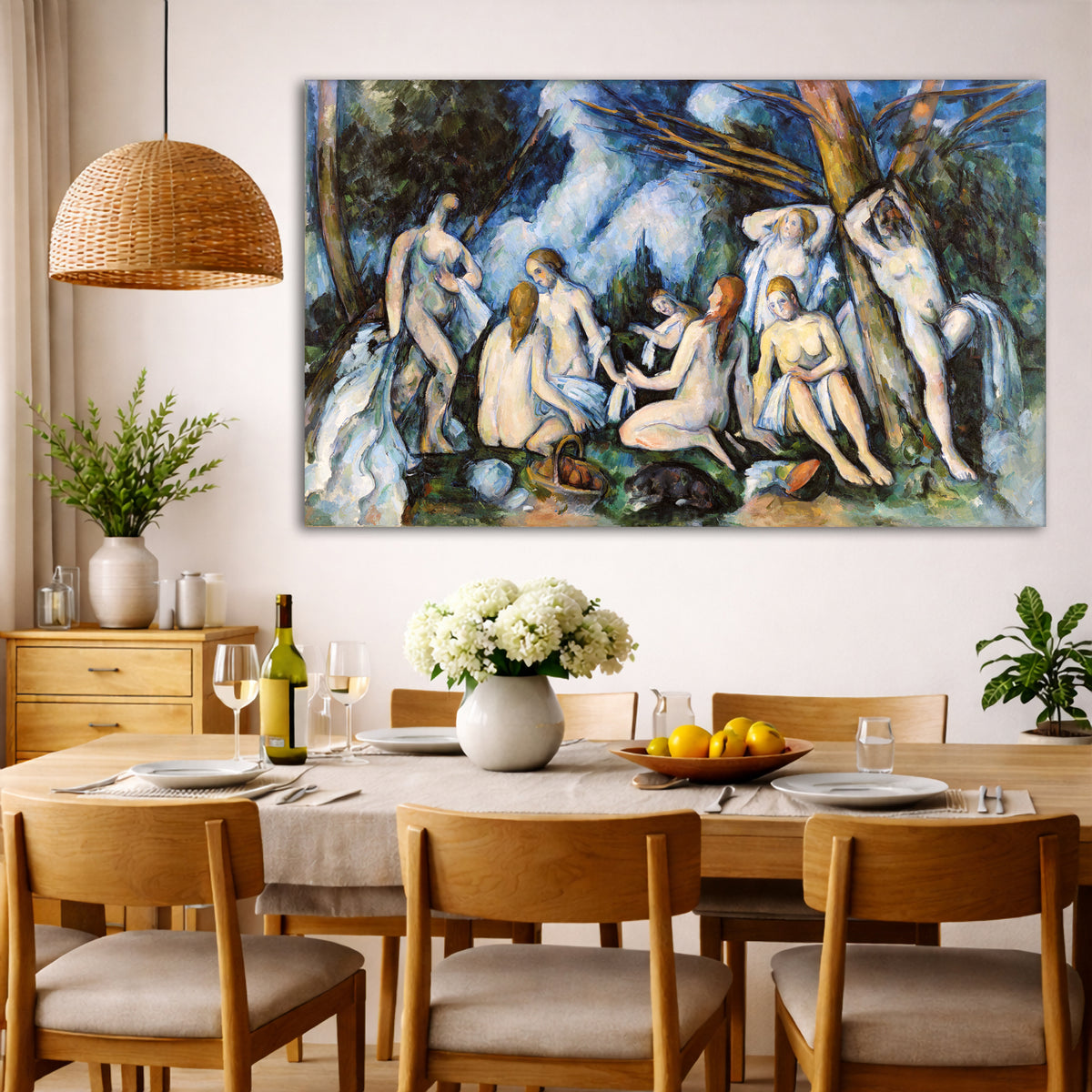 Paul Cézanne - The Large Bathers Giclée canvas wall art displayed in a dining room interior