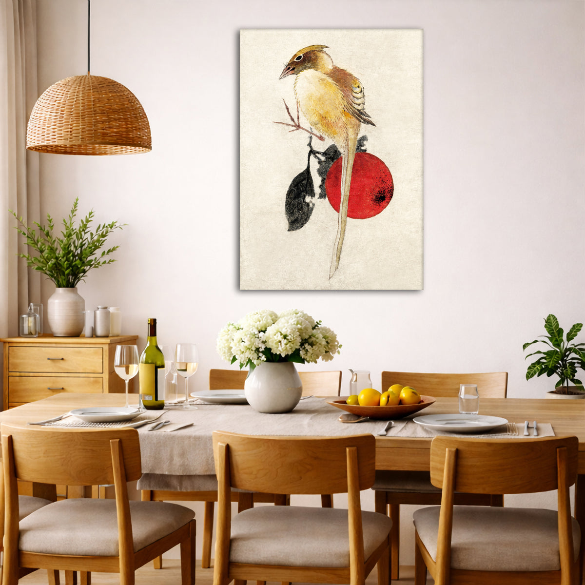 Katsushika Hokusai - Bird Giclée canvas wall art displayed in a dining room interior