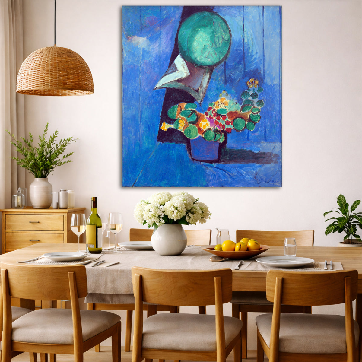 Henri Matisse - Flowers and Ceramic Giclée canvas wall art displayed in a dining room interior