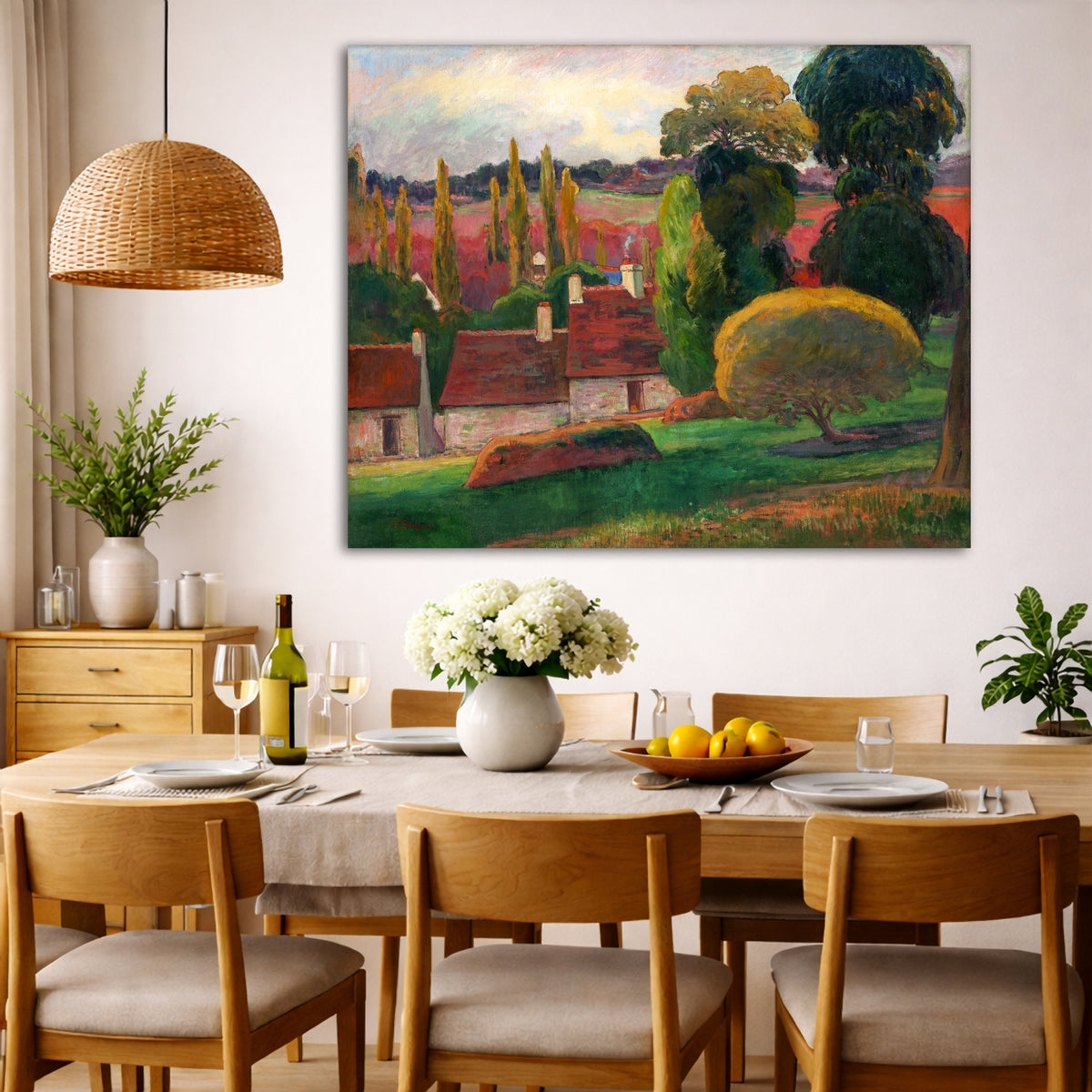 Paul Gauguin - A Farm in Brittany Giclée canvas wall art displayed in a dining room interior