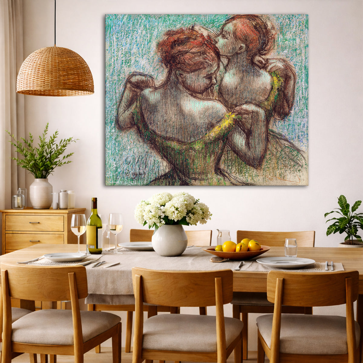 Edgar Degas - Two Dancers in Green Giclée canvas wall art displayed in a dining room interior