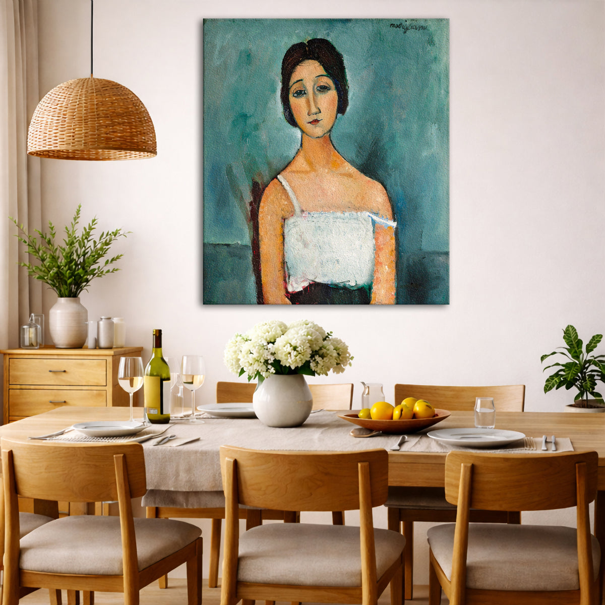 Amedeo Modigliani - Christina Giclée canvas wall art displayed in a dining room interior