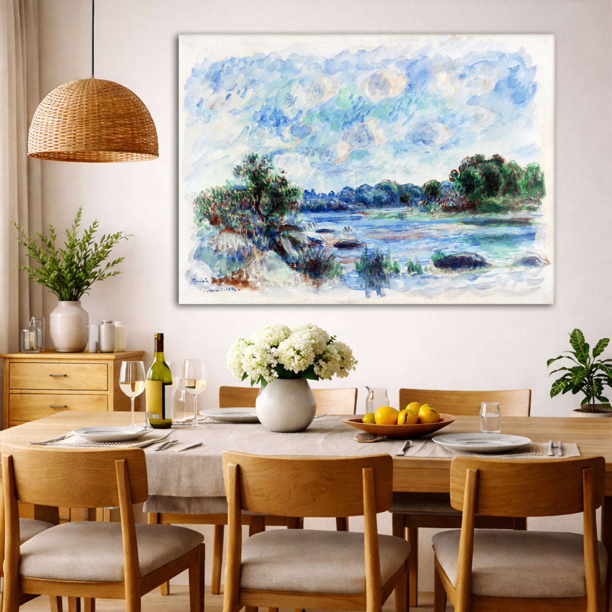 Pierre-Auguste Renoir - Landscape at Pont-Aven Giclée canvas wall art displayed in a dining room interior