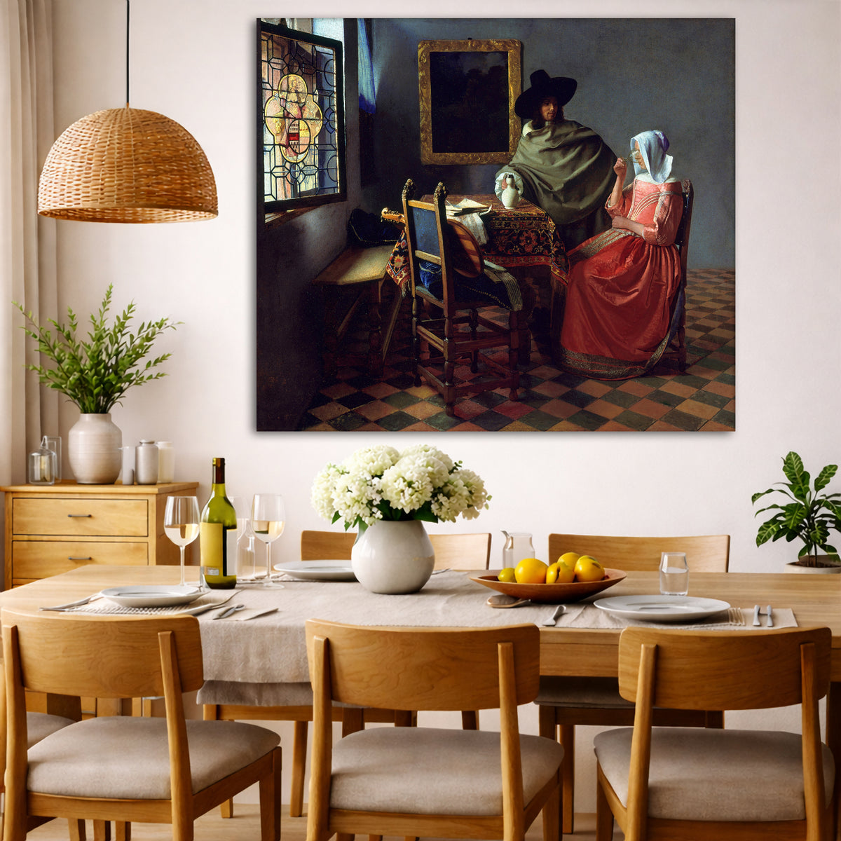 Jan Vermeer - The Wine Glass Giclée canvas wall art displayed in a dining room interior